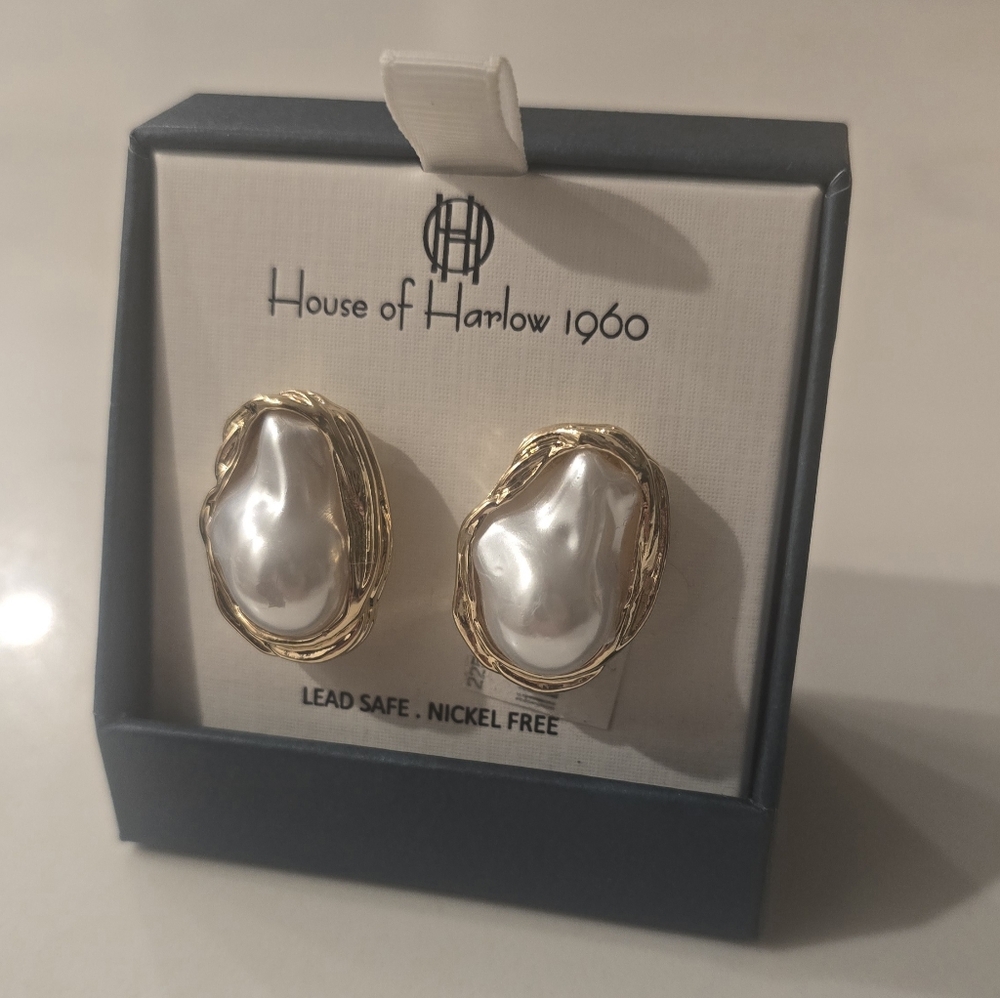 House of Harlow 1960 Gold And Pearl Post Statement Earrings
